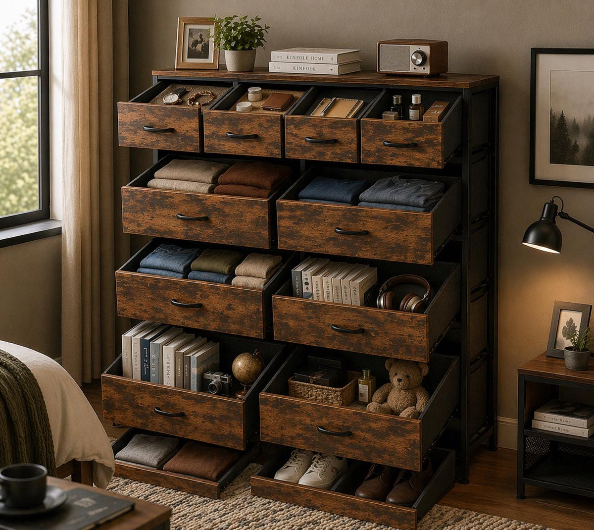Modern Brown 14-Drawer Dresser Chest – 10 Large + 4 Small Storage Drawers with White Frame