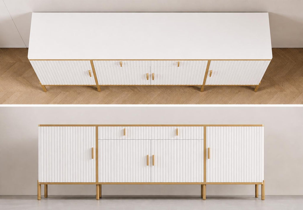 Modern Fluted Sideboard Buffet Cabinet 60'' – Storage Cabinet with Drawers & Adjustable Shelves Wooden Console Cabinet with Metal Legs