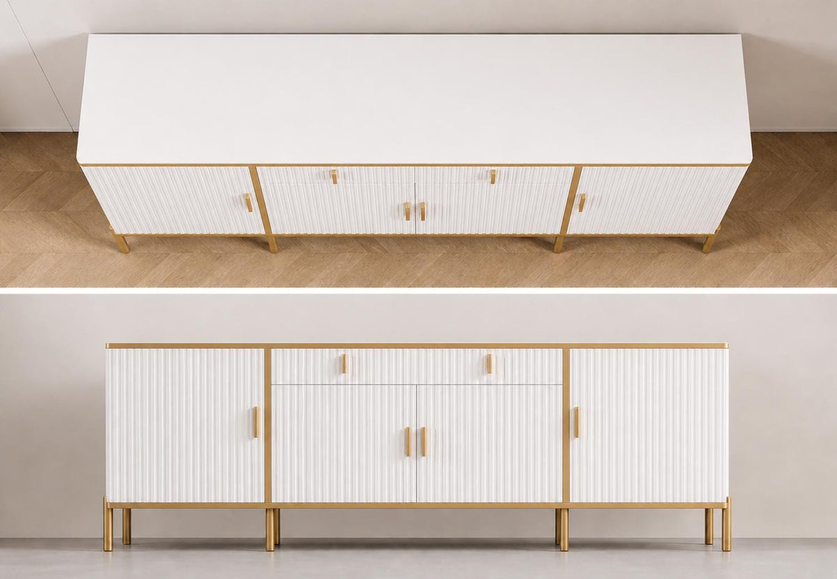 Modern Fluted Sideboard Buffet Cabinet 60'' – Storage Cabinet with Drawers & Adjustable Shelves Wooden Console Cabinet with Metal Legs