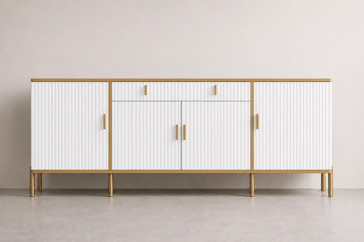 Modern Fluted Sideboard Buffet Cabinet 60'' – Storage Cabinet with Drawers & Adjustable Shelves Wooden Console Cabinet with Metal Legs