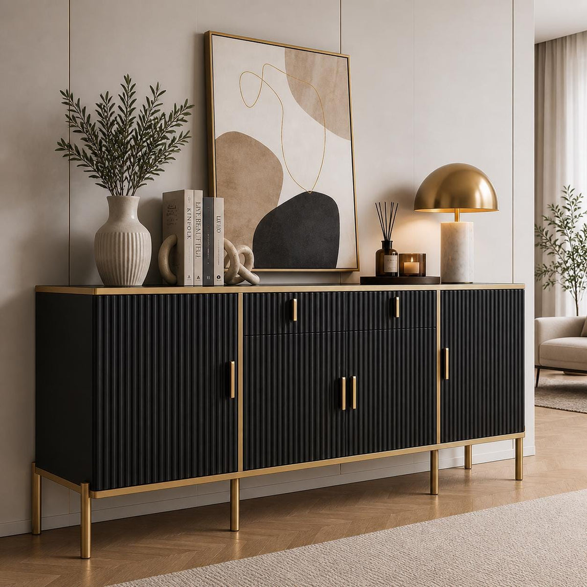 Modern Fluted Sideboard Buffet Cabinet 60'' – Storage Cabinet with Drawers & Adjustable Shelves Wooden Console Cabinet with Metal Legs