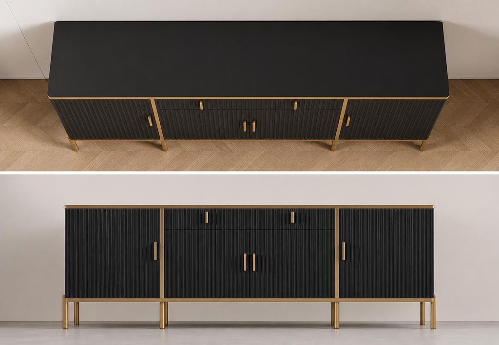 Modern Fluted Sideboard Buffet Cabinet 60'' – Storage Cabinet with Drawers & Adjustable Shelves Wooden Console Cabinet with Metal Legs