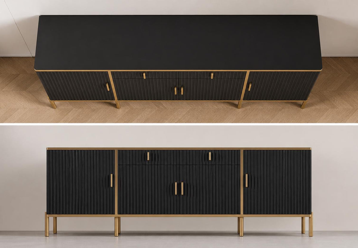Modern Fluted Sideboard Buffet Cabinet 60'' – Storage Cabinet with Drawers & Adjustable Shelves Wooden Console Cabinet with Metal Legs