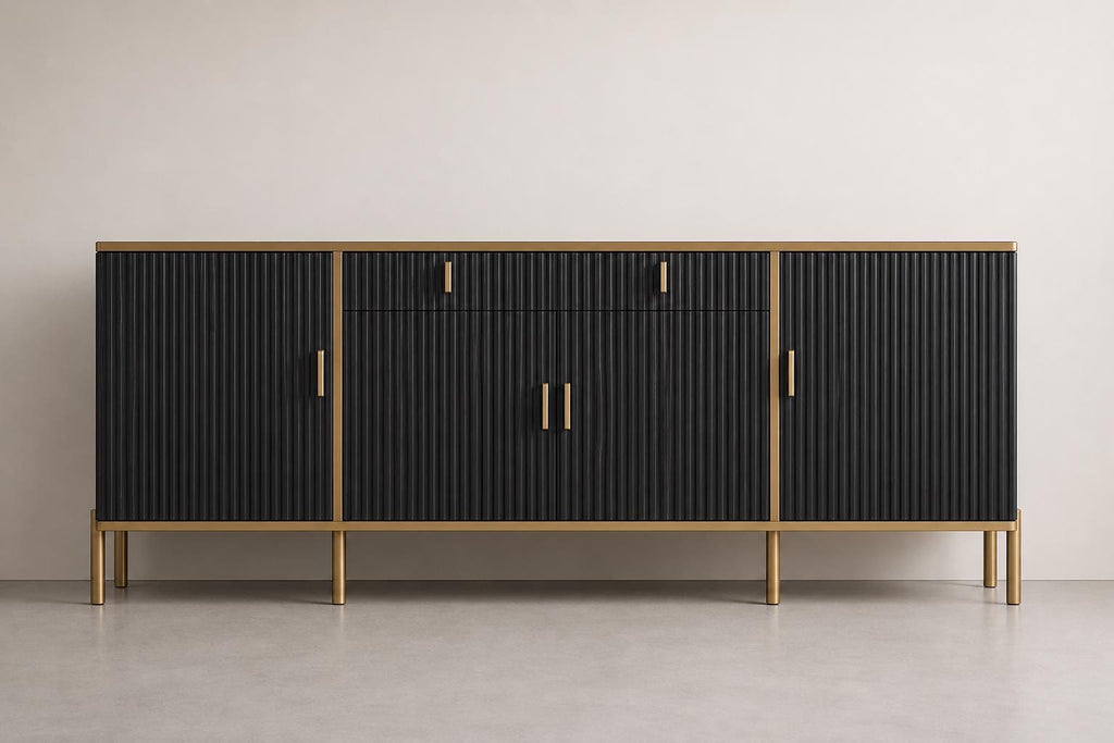 Modern Fluted Sideboard Buffet Cabinet 60'' – Storage Cabinet with Drawers & Adjustable Shelves Wooden Console Cabinet with Metal Legs