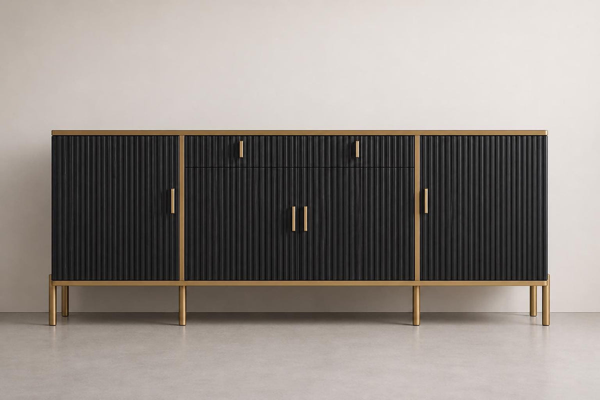 Modern Fluted Sideboard Buffet Cabinet 60'' – Storage Cabinet with Drawers & Adjustable Shelves Wooden Console Cabinet with Metal Legs
