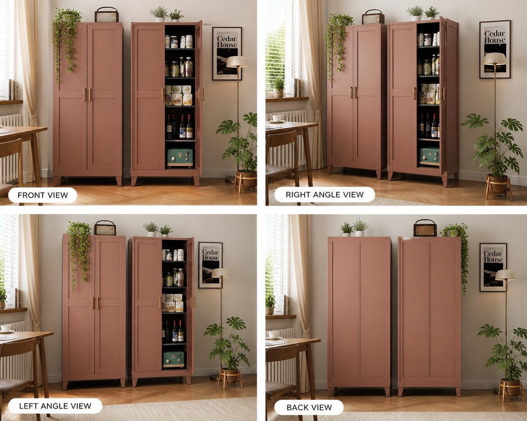Brown 5-Tier Storage Cabinet with Gold Handles – Adjustable Shelves, Steel Frame Pantry