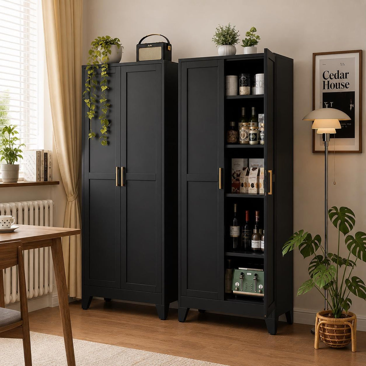 Brown 5-Tier Storage Cabinet with Gold Handles – Adjustable Shelves, Steel Frame Pantry