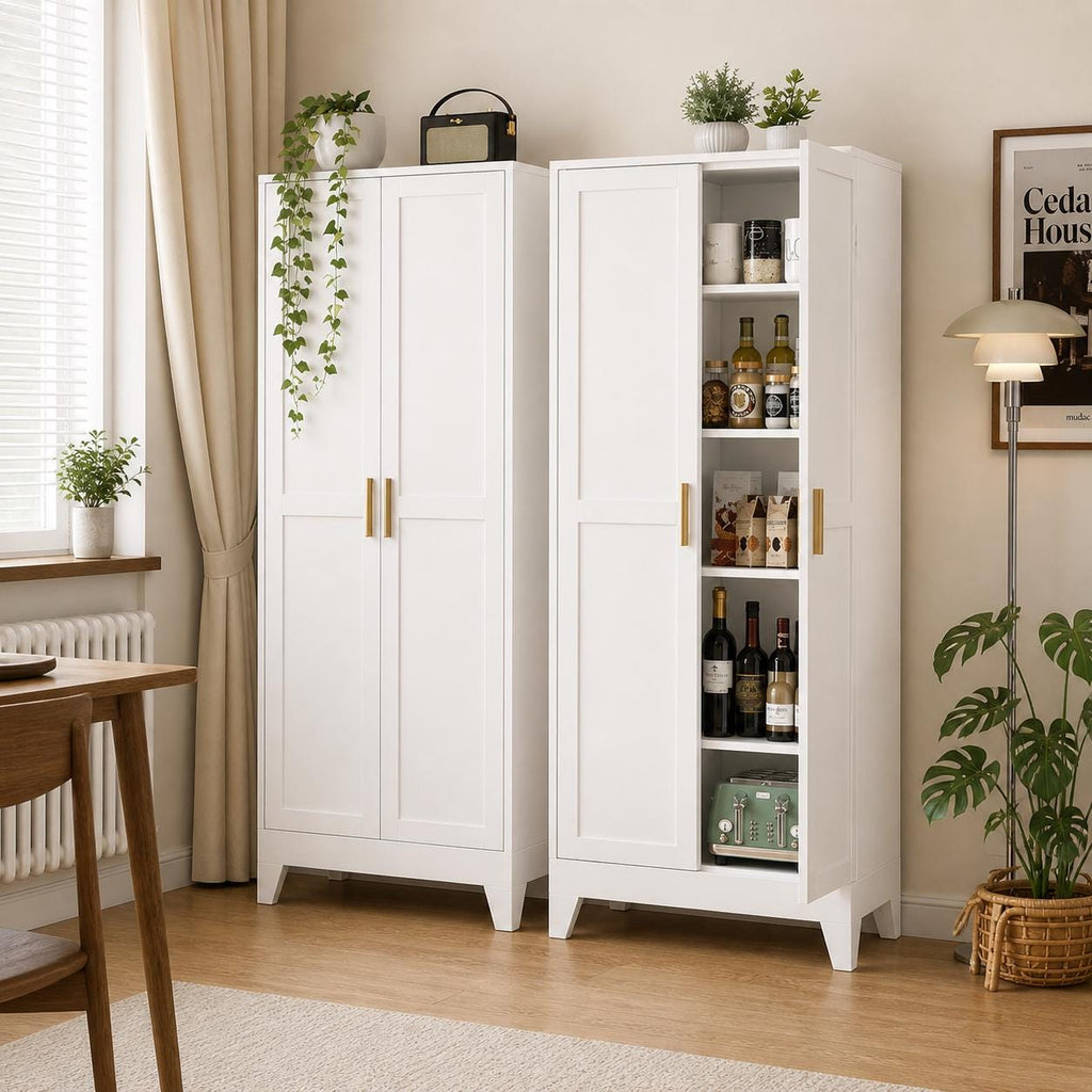 Brown 5-Tier Storage Cabinet with Gold Handles – Adjustable Shelves, Steel Frame Pantry