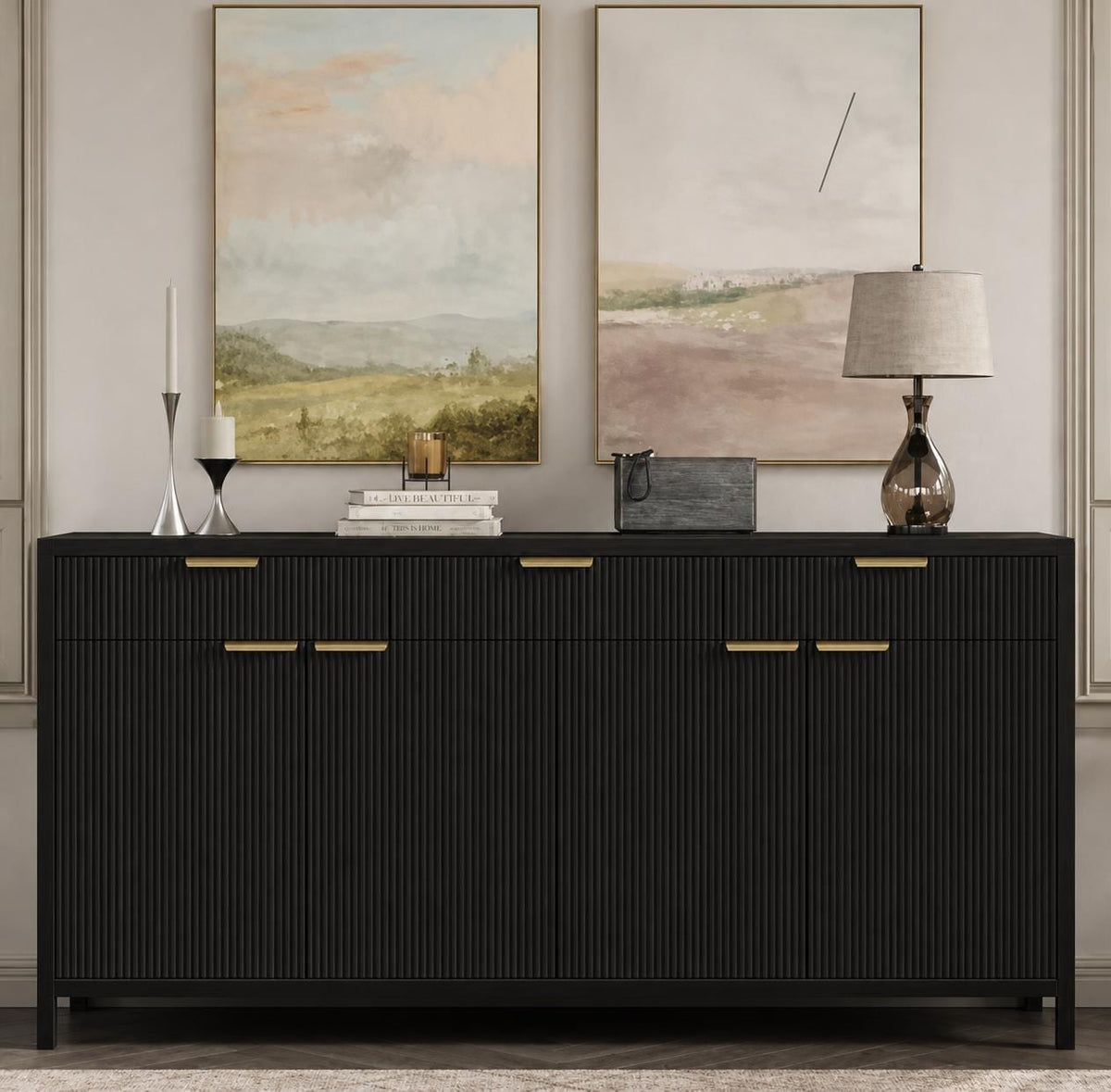 66-Inch Fluted Buffet Cabinet – Modern Storage Sideboard with Drawers, Adjustable Shelves