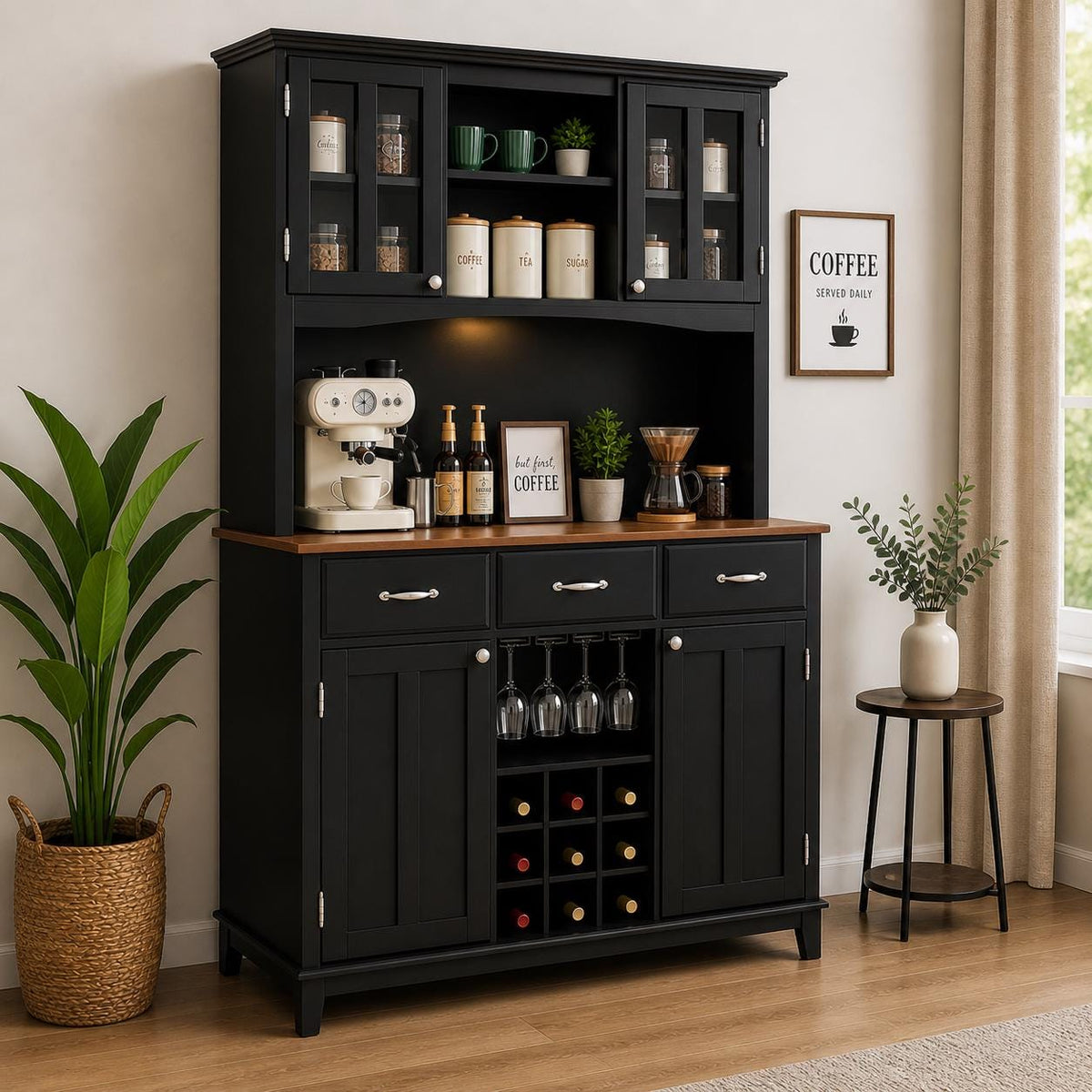 Modern Kitchen Hutch Cabinet, Adjustable Shelves, Wine Rack, Coffee Bar Buffet Storage