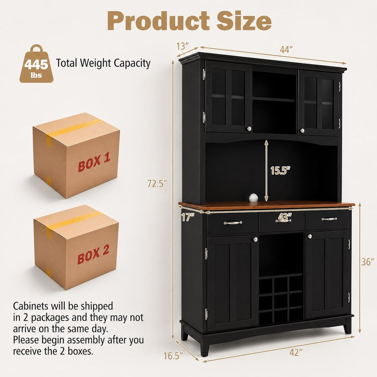 Modern Kitchen Hutch Cabinet, Adjustable Shelves, Wine Rack, Coffee Bar Buffet Storage