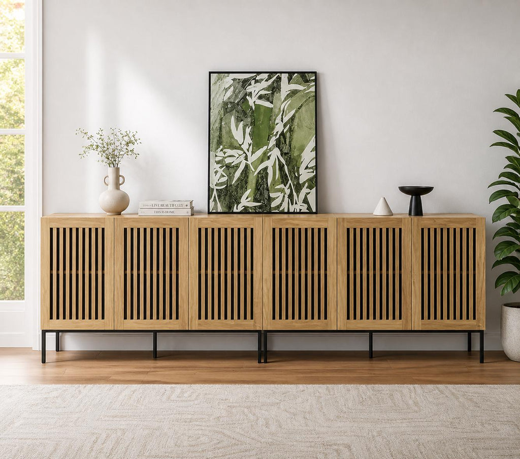 Modern Brown Storage Cabinet with Grille Doors – Large Sideboard Buffet Cabinet for Living Room, Dining Room & Office with Metal Legs