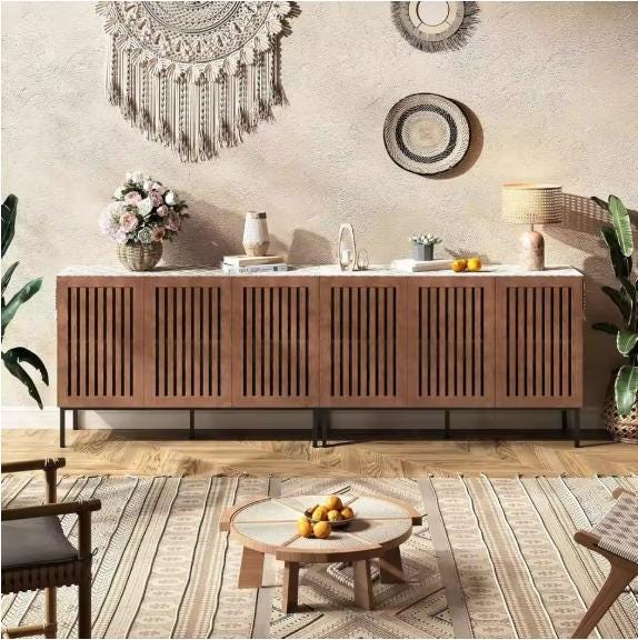 Modern Brown Storage Cabinet with Grille Doors – Large Sideboard Buffet Cabinet for Living Room, Dining Room & Office with Metal Legs