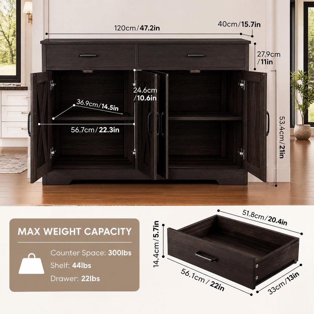 Modern Farmhouse Buffet Cabinet with Barn Doors, 47.2" Storage Sideboard Coffee Bar