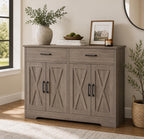 Modern Farmhouse Buffet Cabinet with Barn Doors, 47.2" Storage Sideboard Coffee Bar
