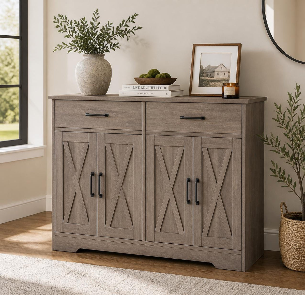 Modern Farmhouse Buffet Cabinet with Barn Doors, 47.2" Storage Sideboard Coffee Bar