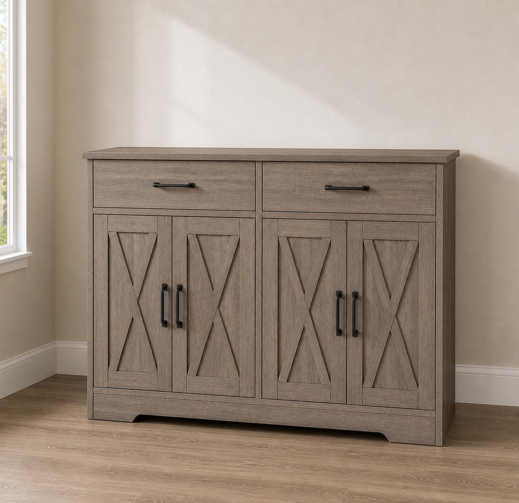 Modern Farmhouse Buffet Cabinet with Barn Doors, 47.2" Storage Sideboard Coffee Bar