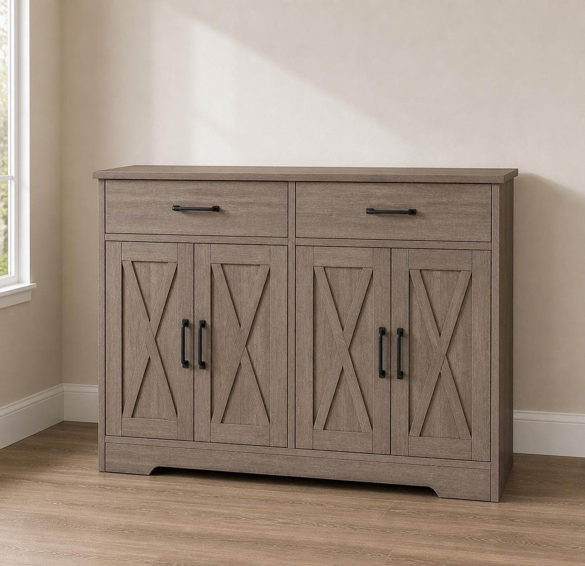 Modern Farmhouse Buffet Cabinet with Barn Doors, 47.2" Storage Sideboard Coffee Bar