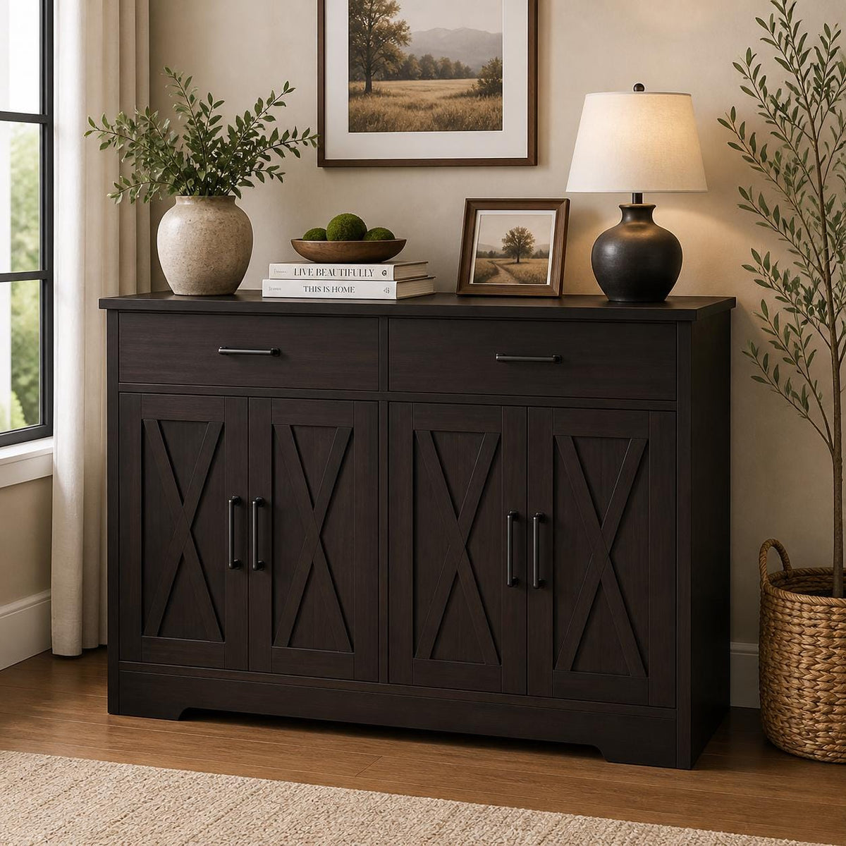 Modern Farmhouse Buffet Cabinet with Barn Doors, 47.2" Storage Sideboard Coffee Bar