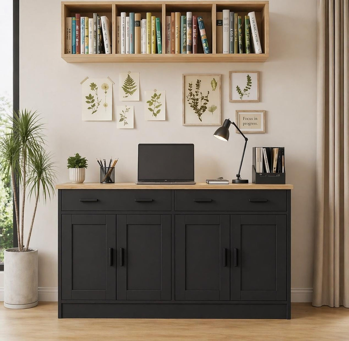 Modern Black Sideboard Cabinet with Natural Wood Top – 4 Door Storage Console with 2 Drawers
