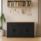 Modern Black Sideboard Cabinet with Natural Wood Top – 4 Door Storage Console with 2 Drawers