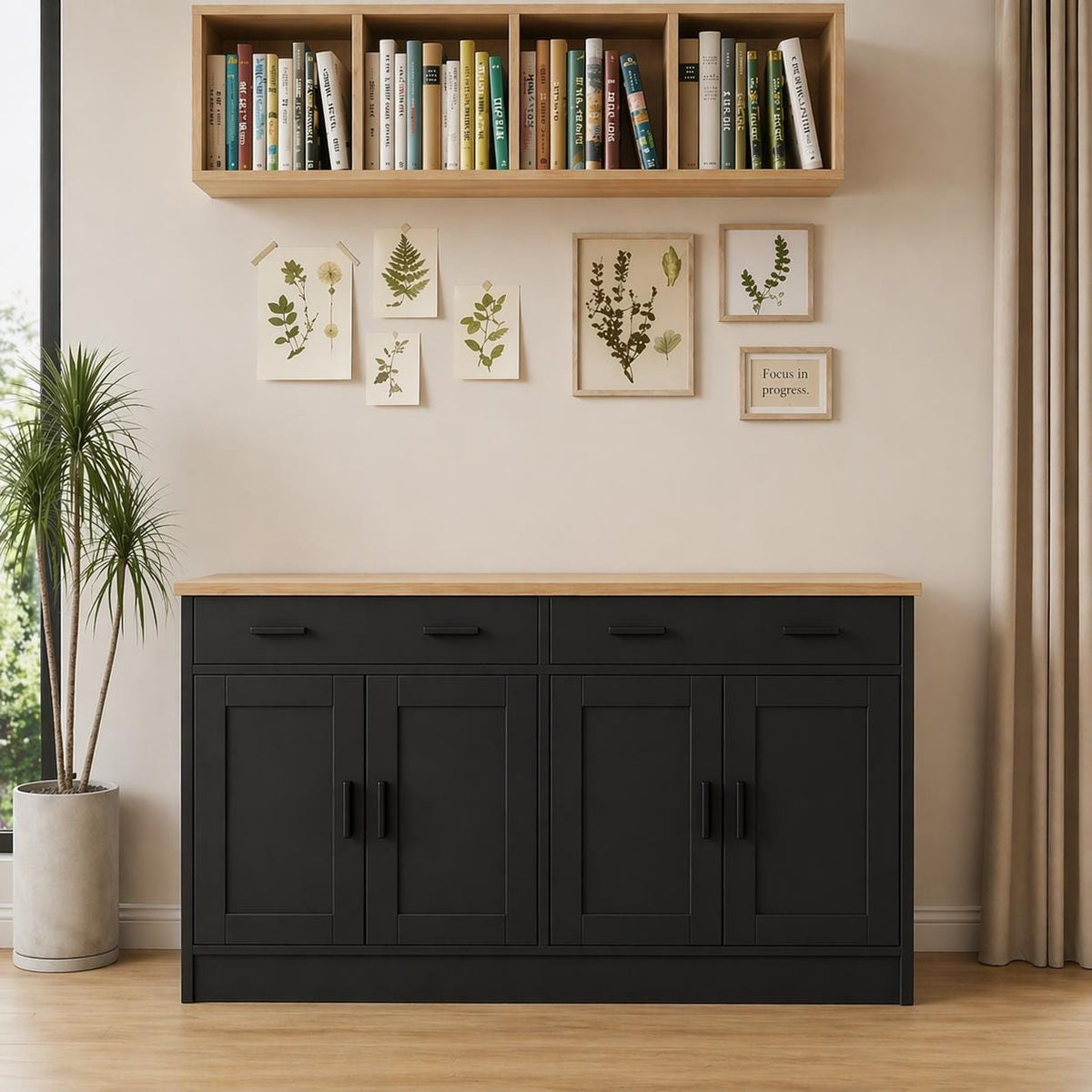 Modern Black Sideboard Cabinet with Natural Wood Top – 4 Door Storage Console with 2 Drawers