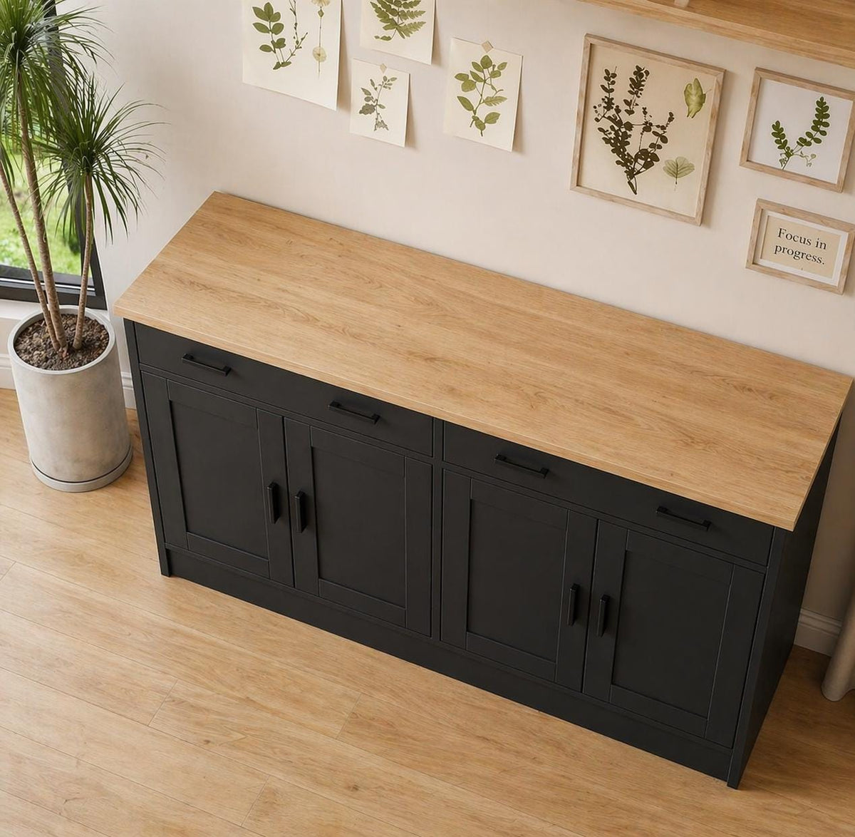 Modern Black Sideboard Cabinet with Natural Wood Top – 4 Door Storage Console with 2 Drawers