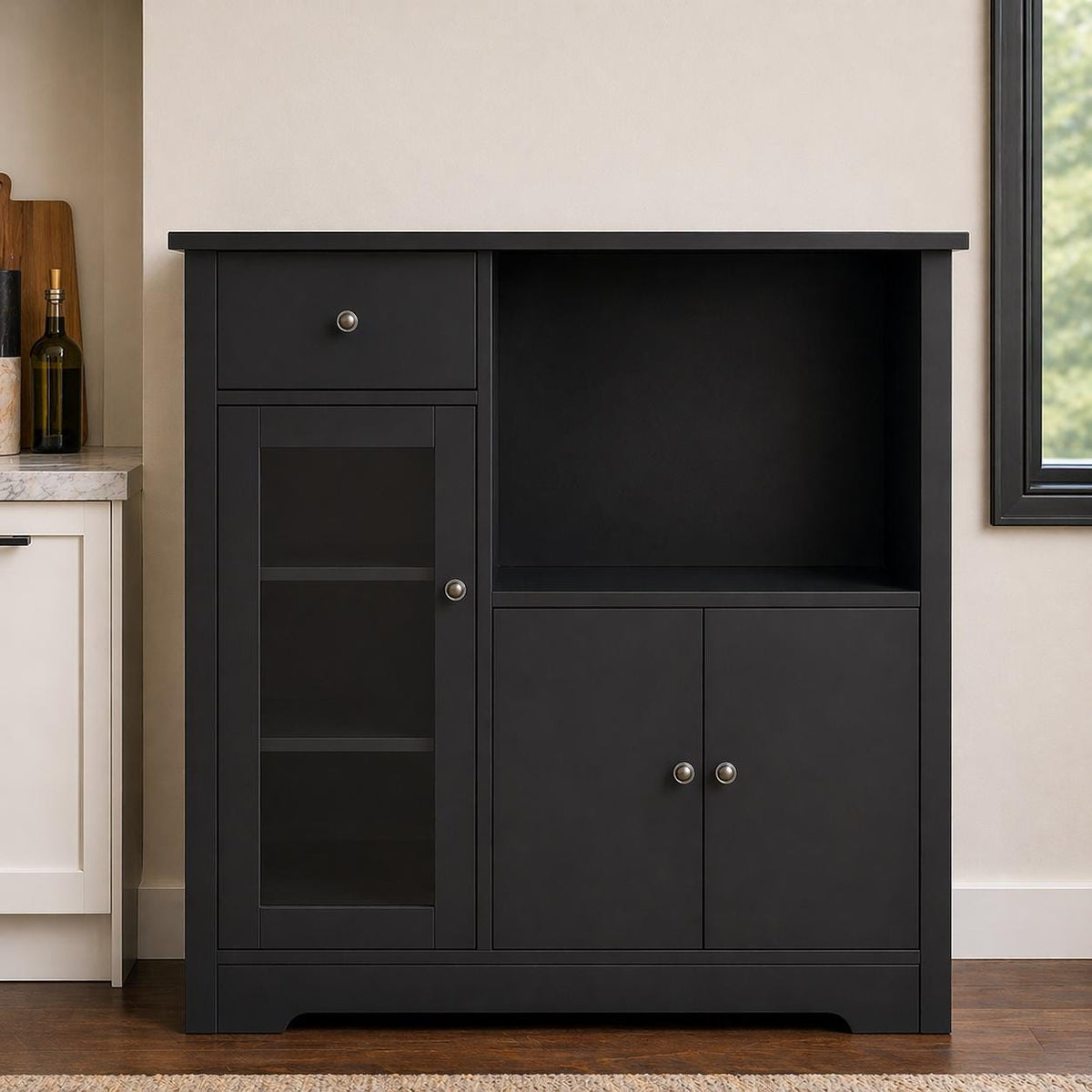 Modern Black Storage Cabinet with Drawer, Open Shelf & Double Door Cupboard