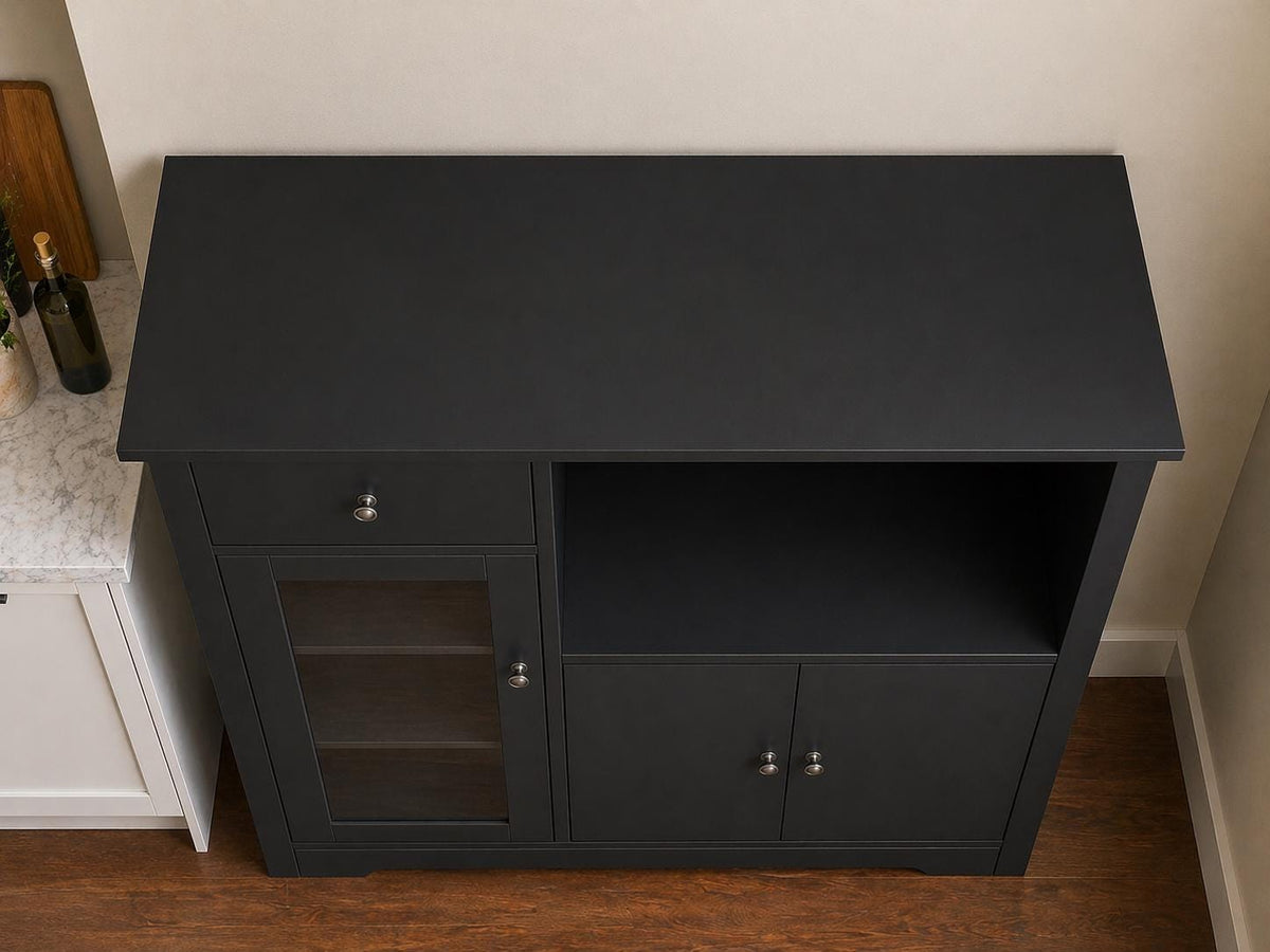 Modern Black Storage Cabinet with Drawer, Open Shelf & Double Door Cupboard