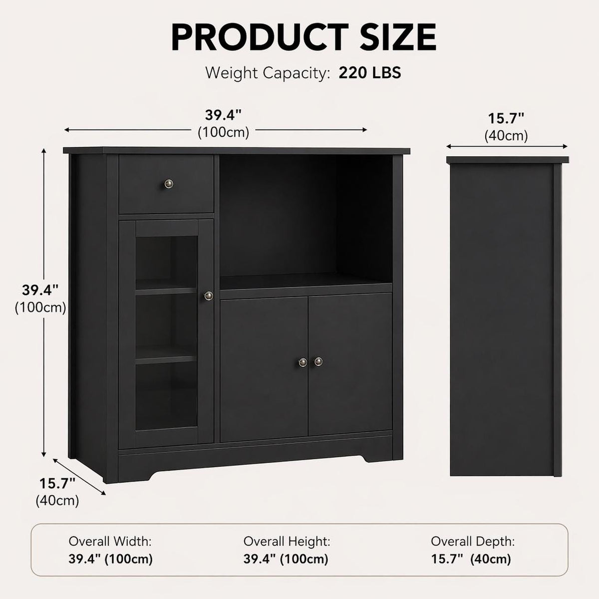 Modern Black Storage Cabinet with Drawer, Open Shelf & Double Door Cupboard