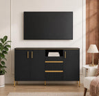 Modern Black & Gold Fluted Accent Cabinet with Storage Shelves and Double Doors