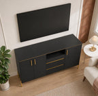 Modern Black & Gold Fluted Accent Cabinet with Storage Shelves and Double Doors