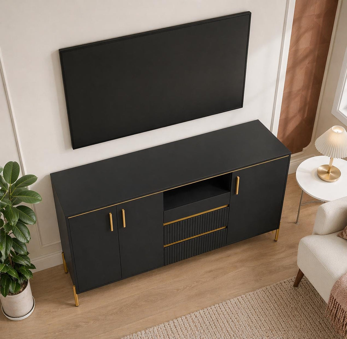 Modern Black & Gold Fluted Accent Cabinet with Storage Shelves and Double Doors