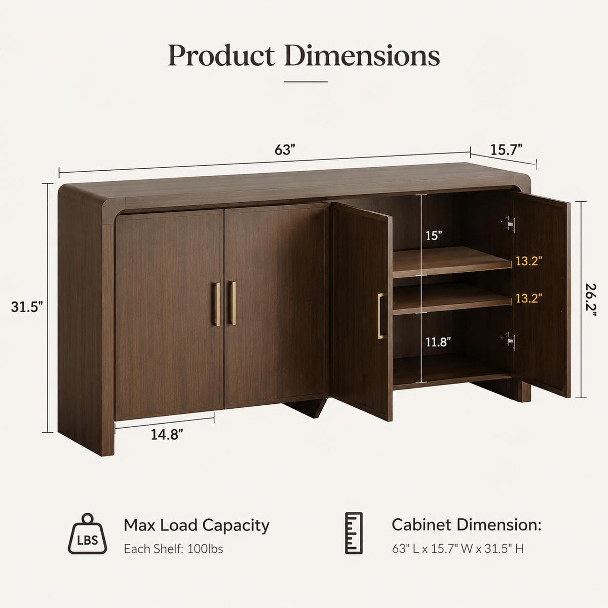 Modern 60 Wooden Sideboard Cabinet, 4 Doors, Adjustable Shelves, Dining Storage Console