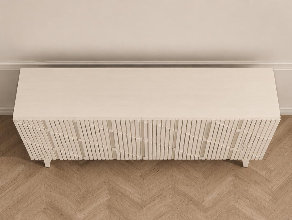 Distressed Fluted Buffet Cabinet with Storage, 4 Carved Doors Sideboard, Adjustable Shelf Wooden Accent Cabinet, Modern Farmhouse Console