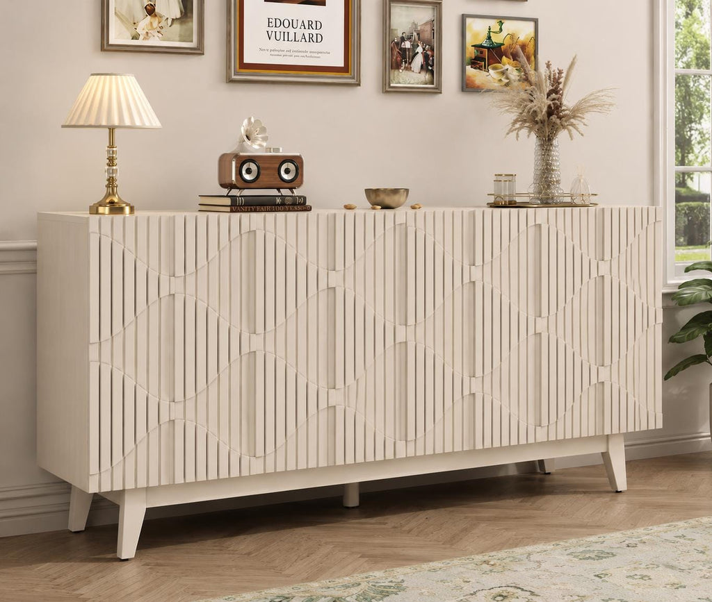 Distressed Fluted Buffet Cabinet with Storage, 4 Carved Doors Sideboard, Adjustable Shelf Wooden Accent Cabinet, Modern Farmhouse Console