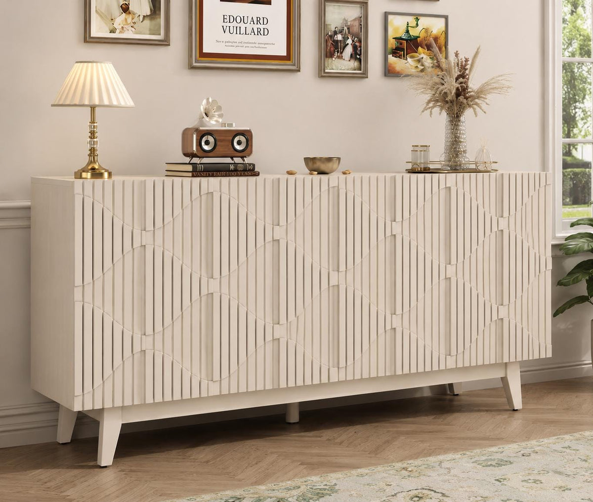 Distressed Fluted Buffet Cabinet with Storage, 4 Carved Doors Sideboard, Adjustable Shelf Wooden Accent Cabinet, Modern Farmhouse Console