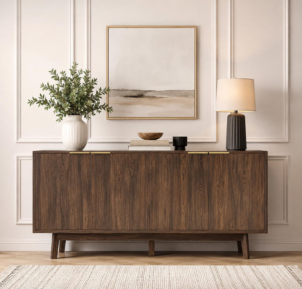 63 Buffet Cabinet with Storage, Modern Sideboard with 4 Doors & Adjustable Shelves, Curved Corner Coffee Bar Cabinet for Kitchen Living Room