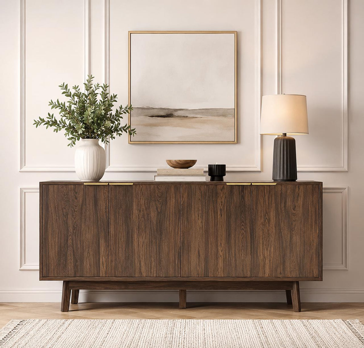 63 Buffet Cabinet with Storage, Modern Sideboard with 4 Doors & Adjustable Shelves, Curved Corner Coffee Bar Cabinet for Kitchen Living Room