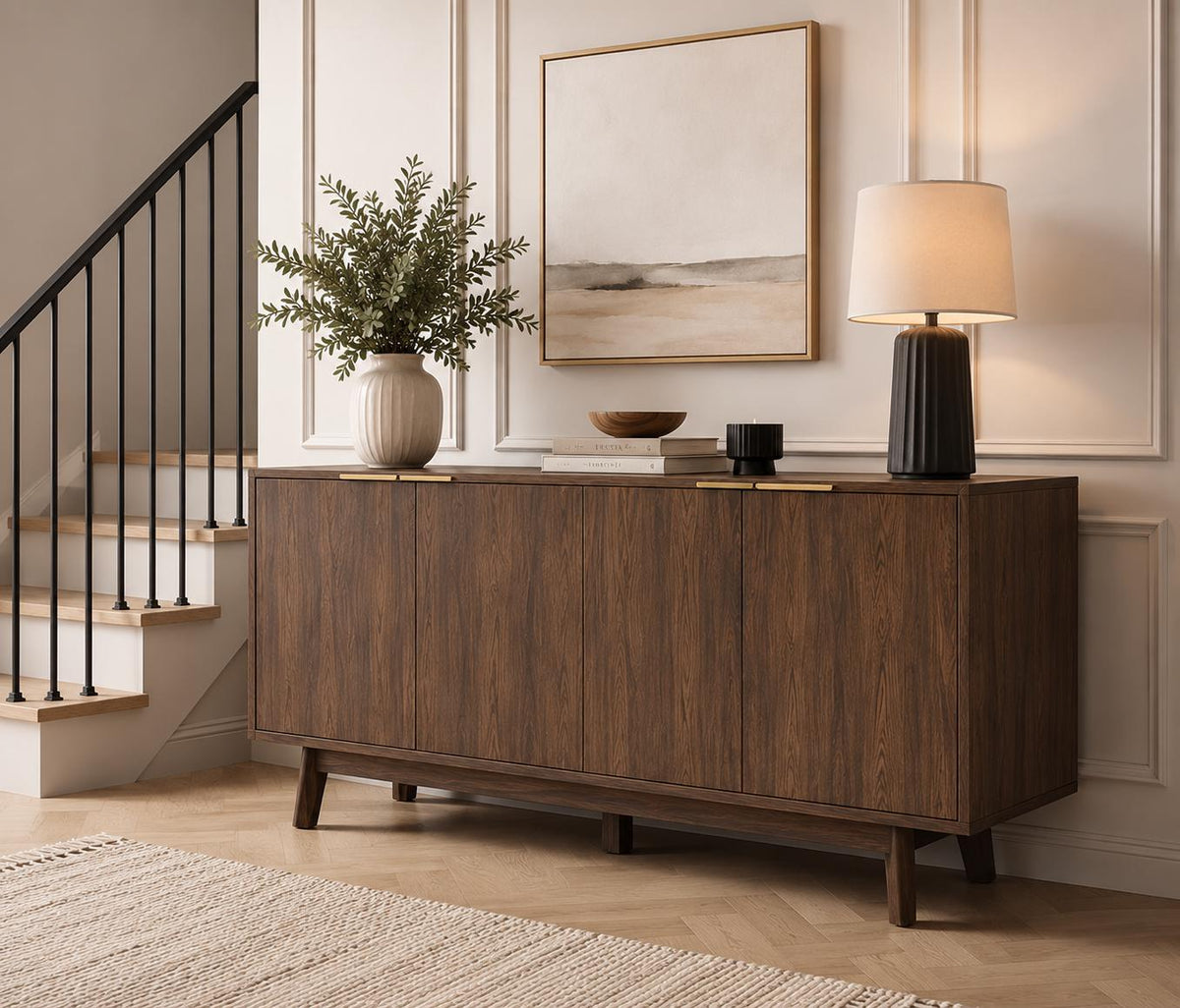 63 Buffet Cabinet with Storage, Modern Sideboard with 4 Doors & Adjustable Shelves, Curved Corner Coffee Bar Cabinet for Kitchen Living Room