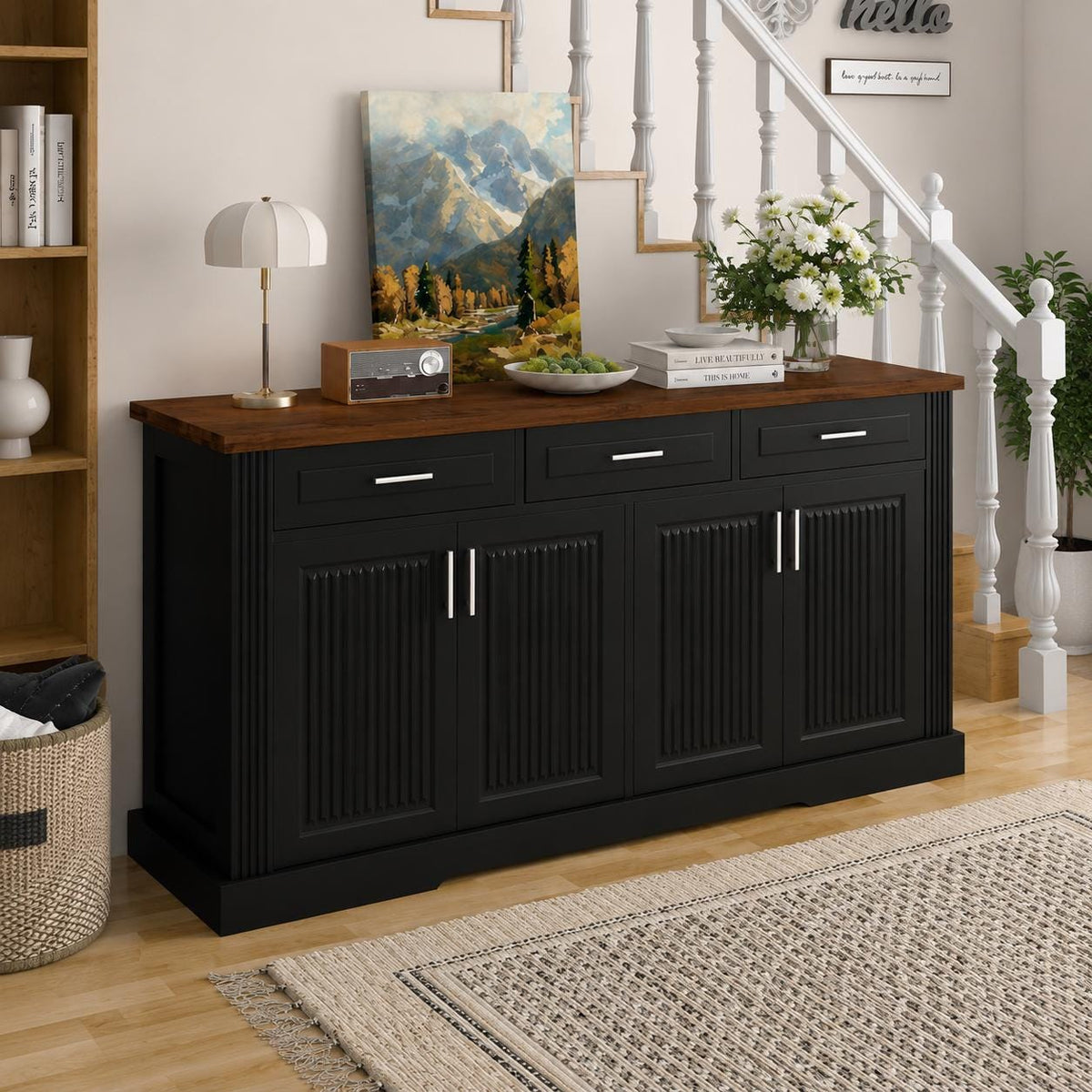 63" Fluted Sideboard Buffet Cabinet with Storage, 4 Doors & 3 Drawers, Modern Kitchen Coffee Bar Cabinet,