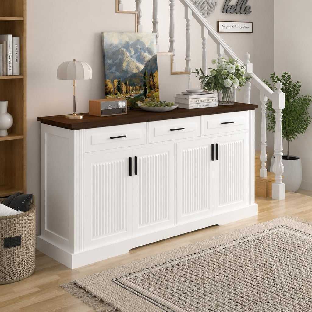 63" Fluted Sideboard Buffet Cabinet with Storage, 4 Doors & 3 Drawers, Modern Kitchen Coffee Bar Cabinet,