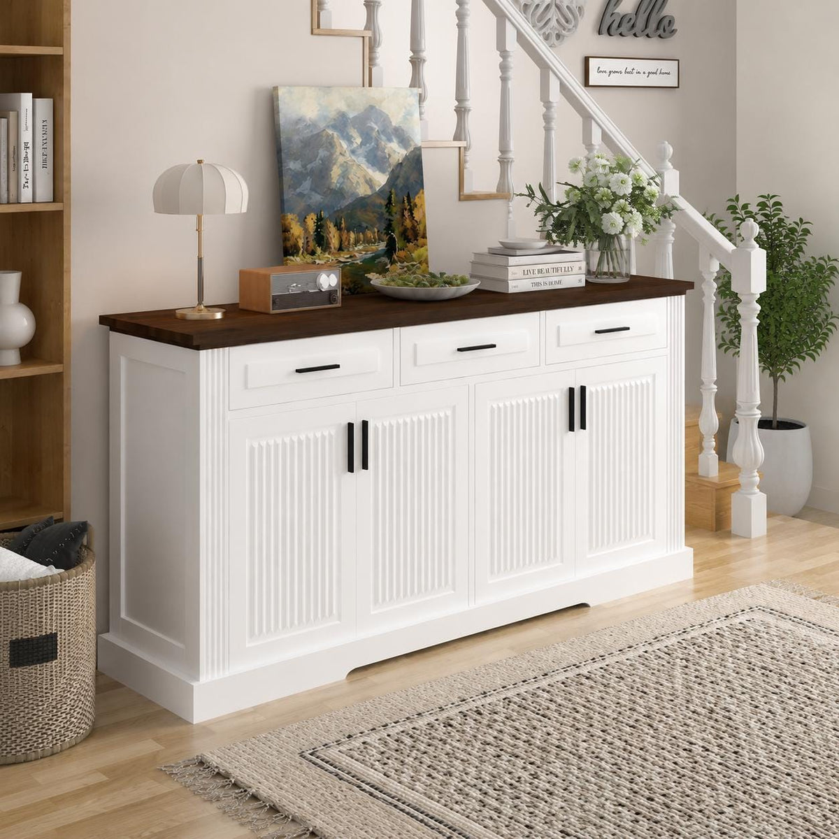 63" Fluted Sideboard Buffet Cabinet with Storage, 4 Doors & 3 Drawers, Modern Kitchen Coffee Bar Cabinet,