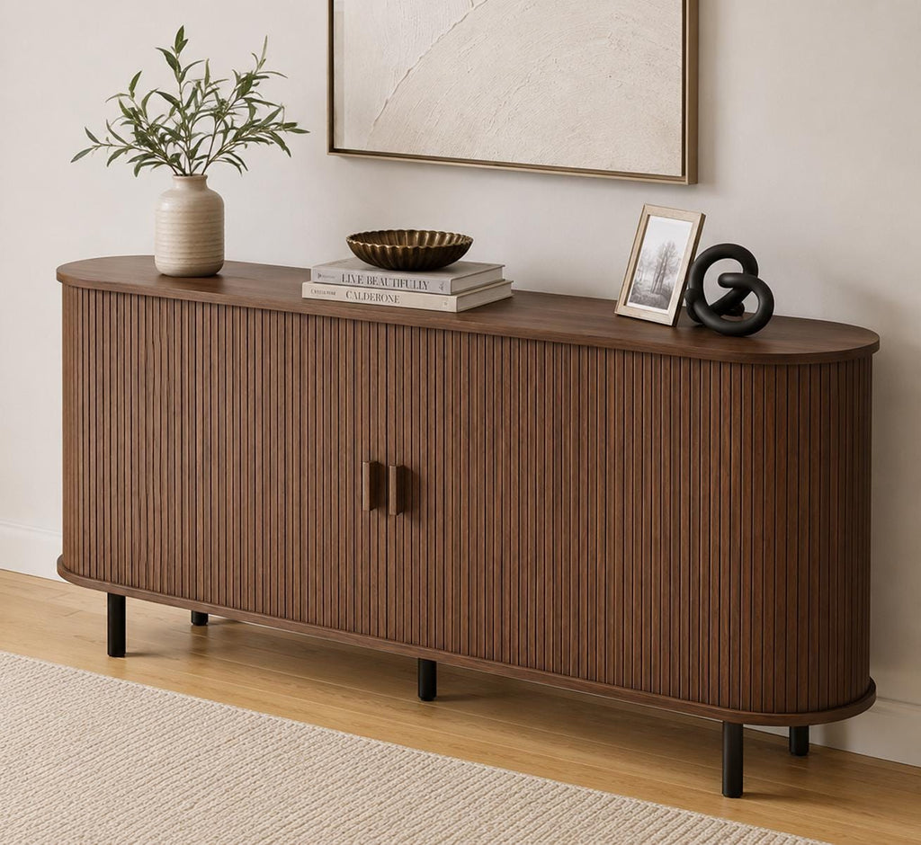 63" Fluted Buffet Sideboard Cabinet with Sliding Door, Modern Walnut Coffee Bar Console Table with Adjustable Shelves