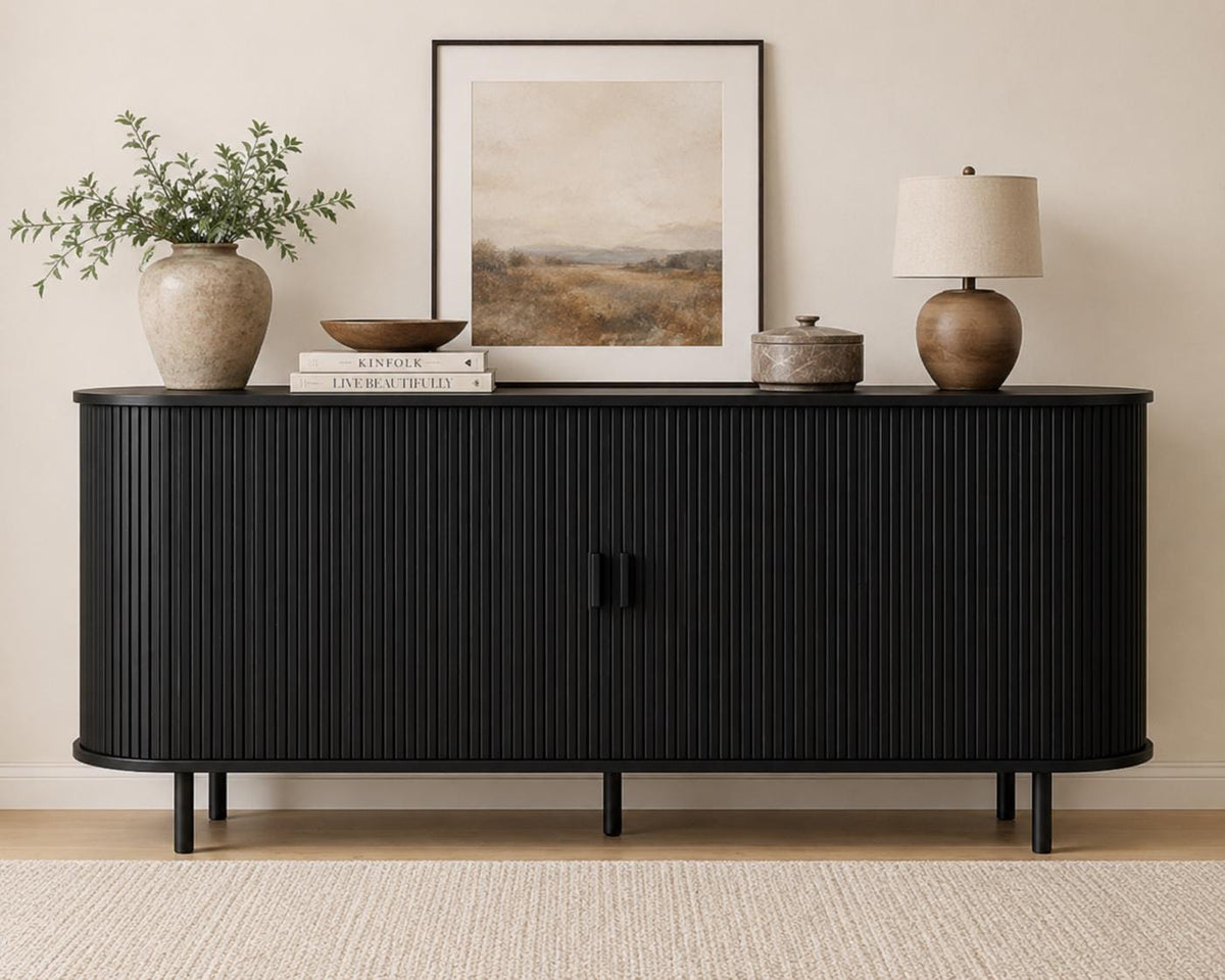 63" Fluted Buffet Sideboard Cabinet with Sliding Door, Modern Walnut Coffee Bar Console Table with Adjustable Shelves