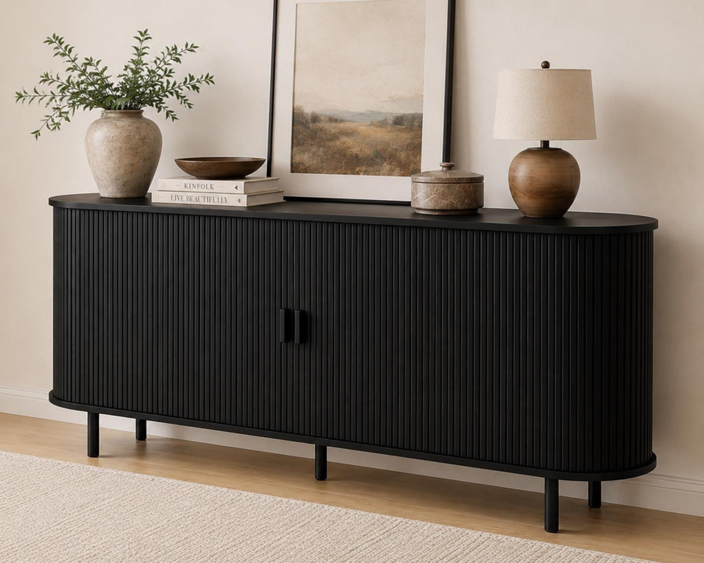 63" Fluted Buffet Sideboard Cabinet with Sliding Door, Modern Walnut Coffee Bar Console Table with Adjustable Shelves