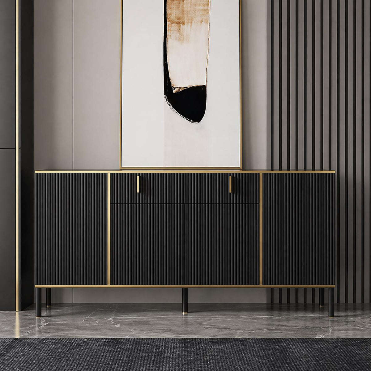 Modern Black & Gold Fluted Sideboard Cabinet