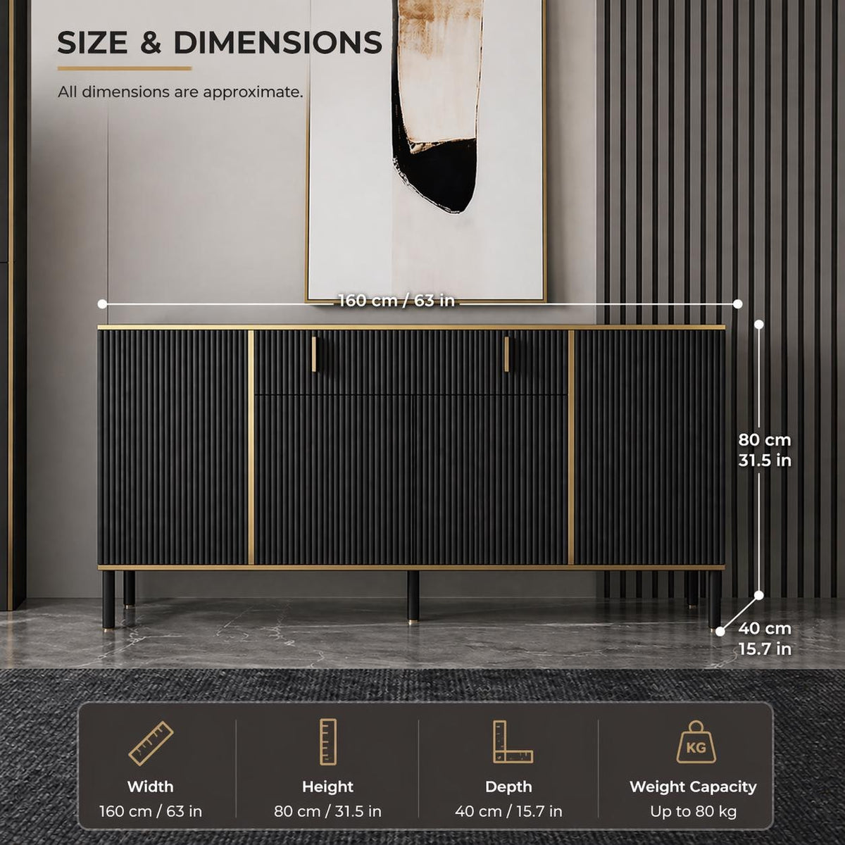 Modern Black & Gold Fluted Sideboard Cabinet