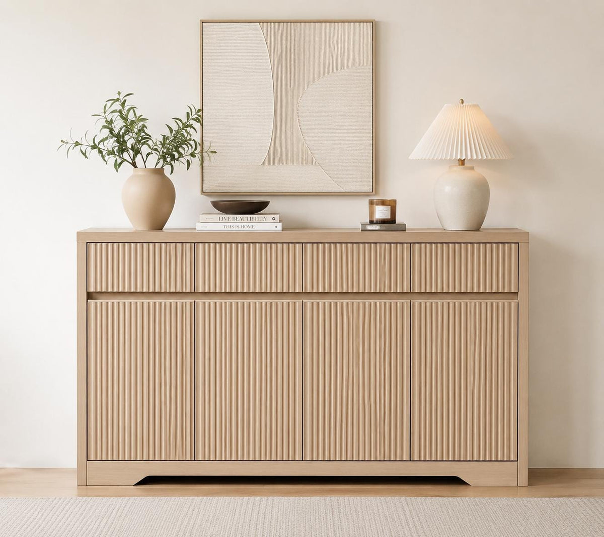 57'' Fluted Buffet Cabinet with Storage – Modern Sideboard Credenza with 3 Drawers & 4 Doors