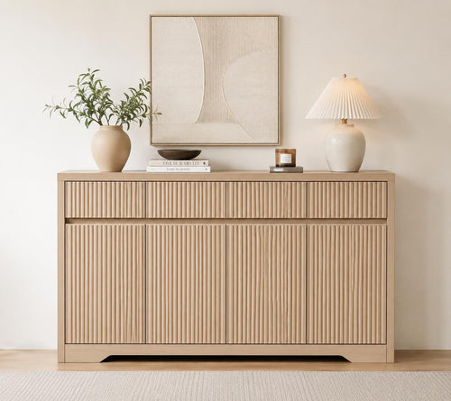 57'' Fluted Buffet Cabinet with Storage – Modern Sideboard Credenza with 3 Drawers & 4 Doors